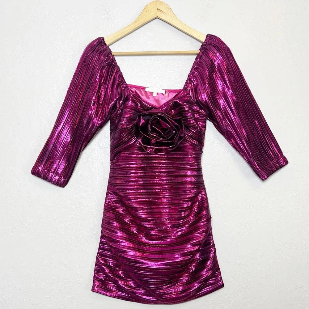 •LOVESHACKFANCY• Thompson Rose Appliqué Metallic Minidress in Fuchsia‎ Size 0 - Picture 2 of 15